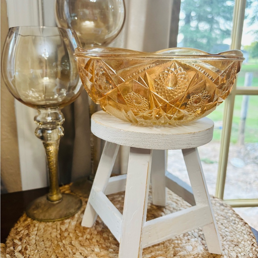 Vintage Amber Glass Bowl with Intricate Cut Design